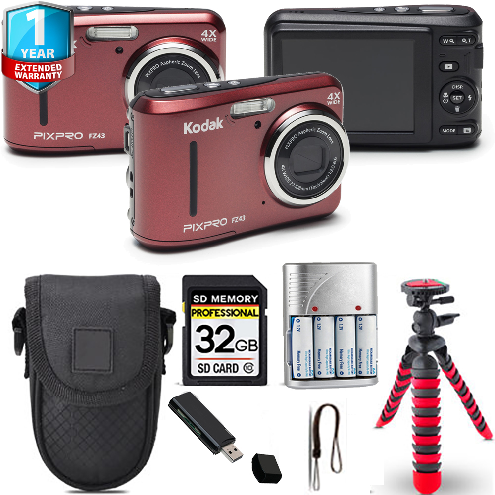 PIXPRO FZ43 Digital Camera (Red) + Tripod + Case + 1 Year Extended Warranty *FREE SHIPPING*
