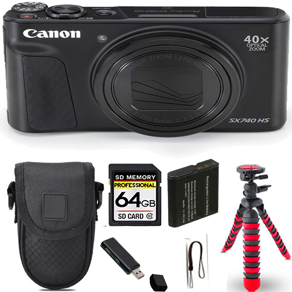 PowerShot SX740 HS Camera (Black) + Spider Tripod + Case - 64GB Kit *FREE SHIPPING*