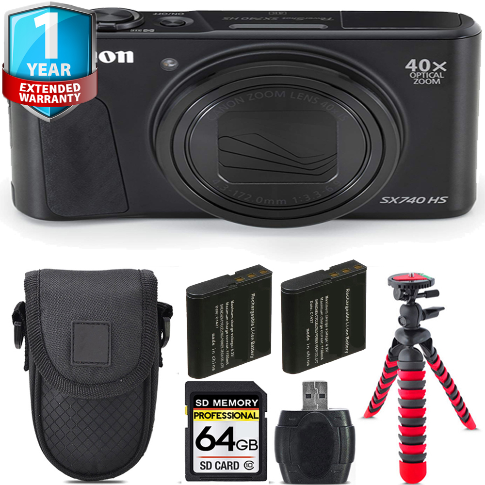 PowerShot SX740 HS Camera (Black) + Extra Battery + 1 Year Extended Warranty - 64GB *FREE SHIPPING*