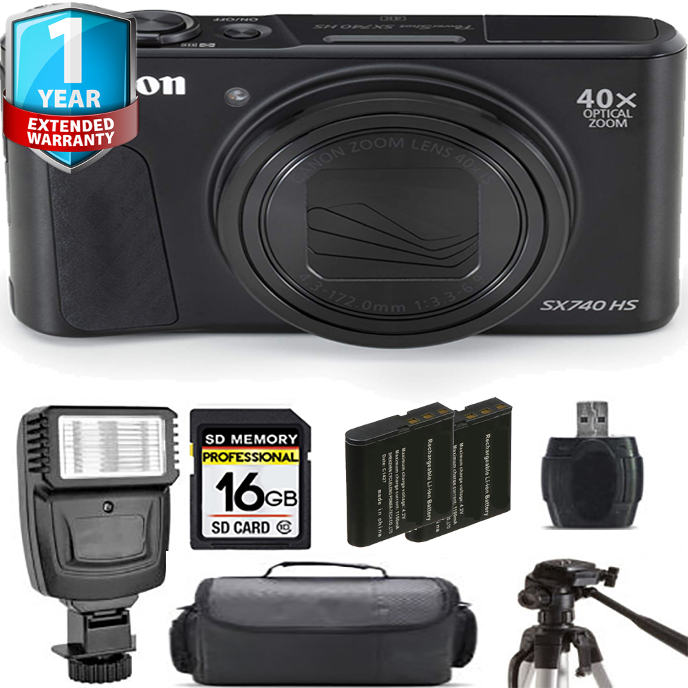 PowerShot SX740 HS Camera (Black) + Extra Battery + Flash + 1 Year Extended Warranty *FREE SHIPPING*