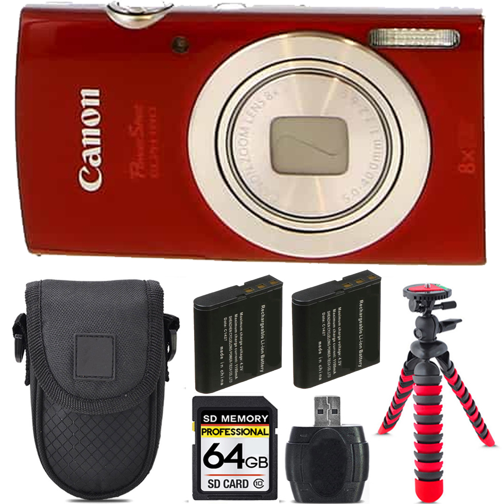 PowerShot ELPH 180 Camera (Red) + Extra Battery + Tripod + 64GB Kit *FREE SHIPPING*