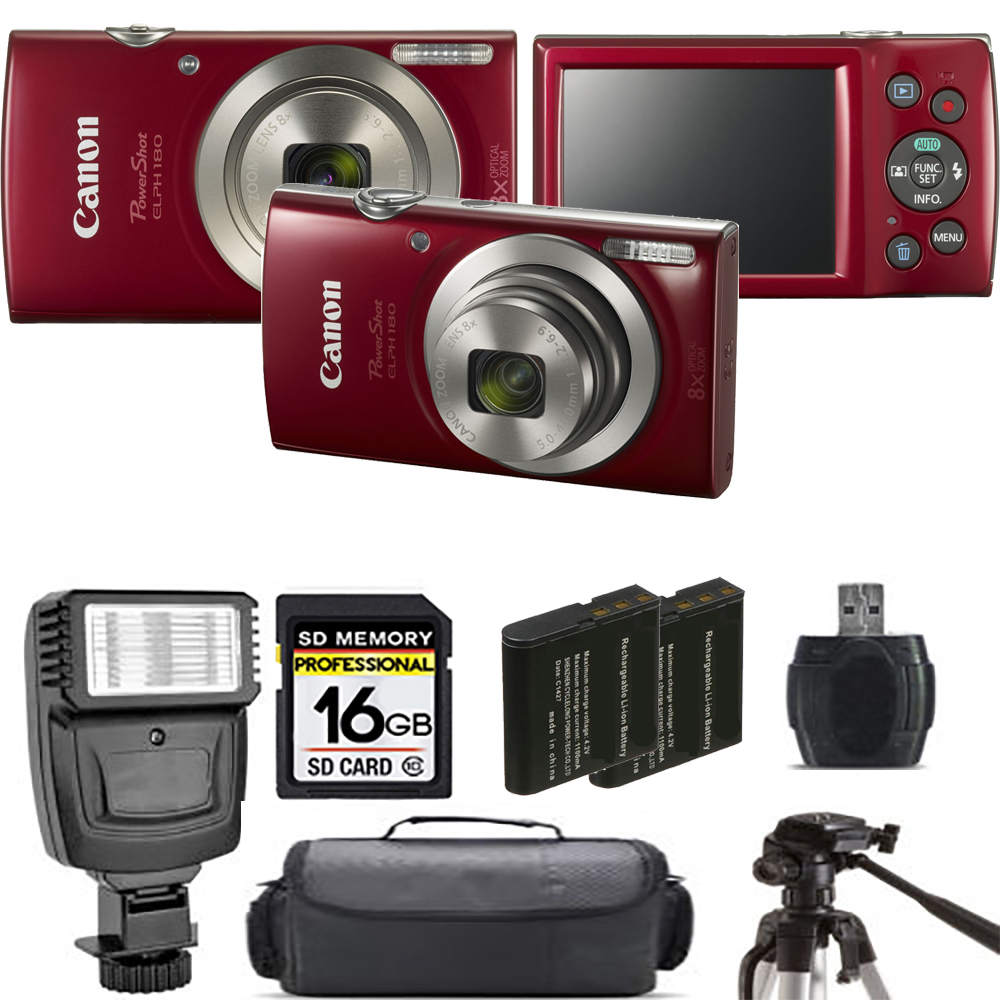 PowerShot ELPH 180 Camera (Red) + Extra Battery + Flash - 16GB Kit *FREE SHIPPING*