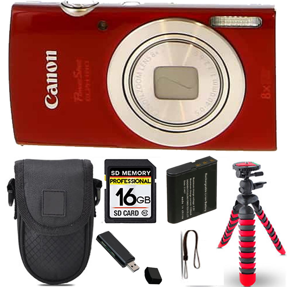 PowerShot ELPH 180 Camera (Red) + Spider Tripod + Case - 16GB Kit *FREE SHIPPING*