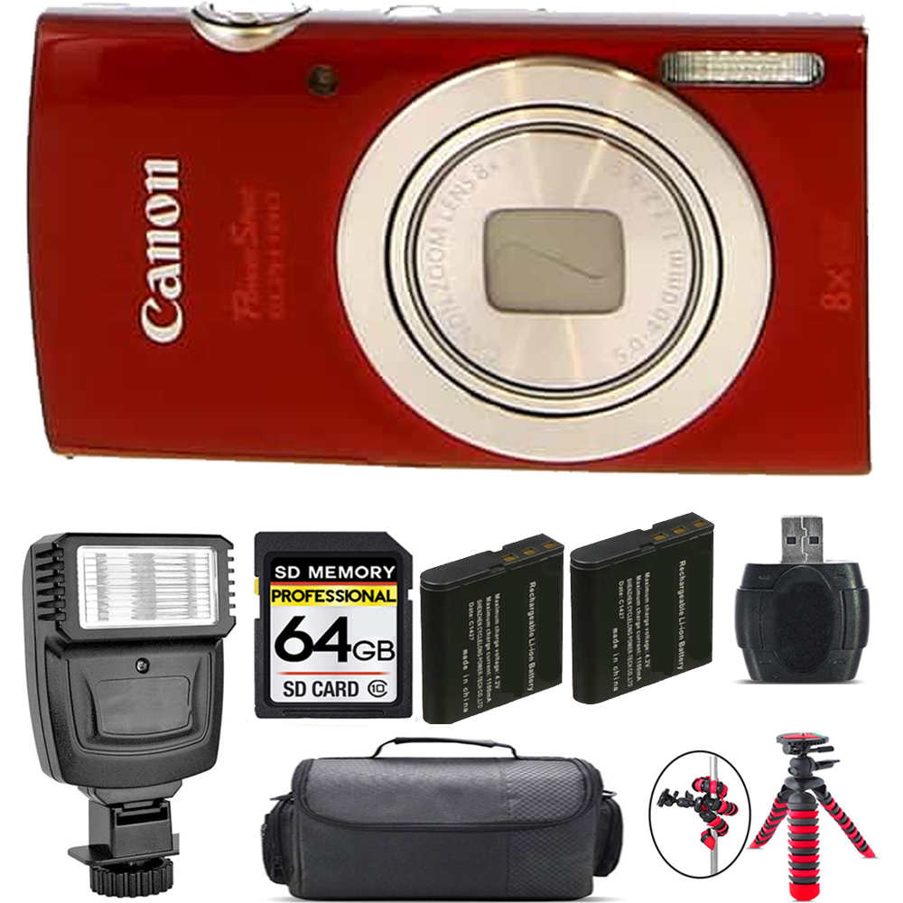 PowerShot ELPH 180 Camera (Red) + Extra Battery + Flash - 64GB Kit *FREE SHIPPING*