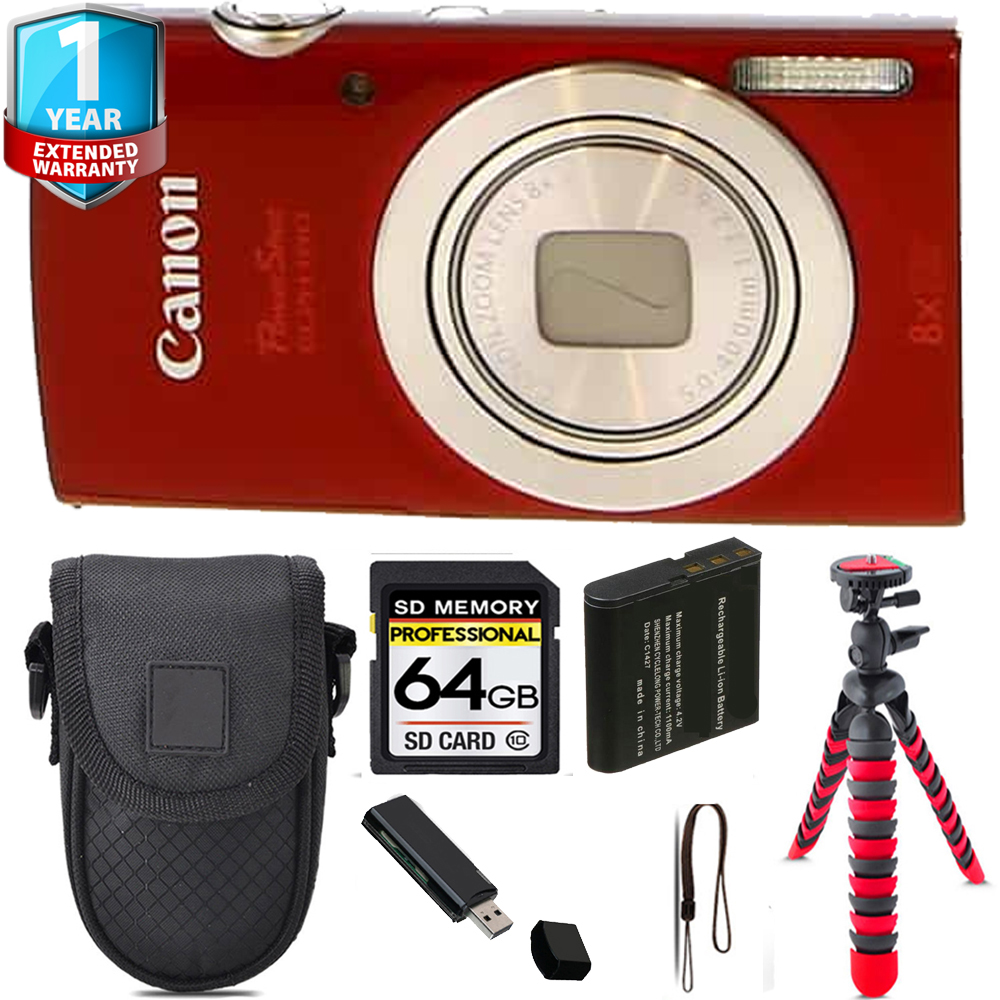 PowerShot ELPH 180 Camera (Red) + Tripod + 1 Year Extended Warranty - 64GB Kit *FREE SHIPPING*