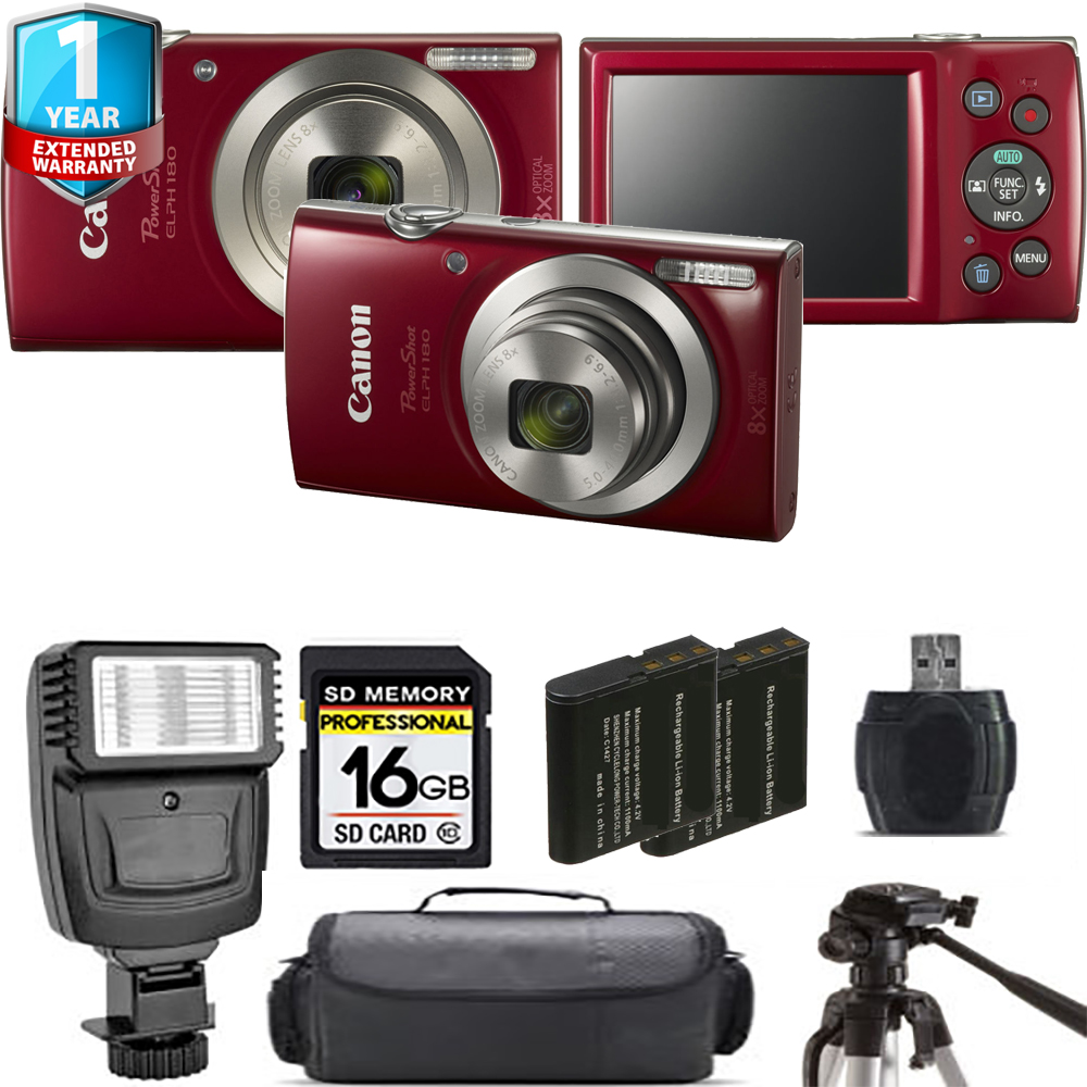 PowerShot ELPH 180 Camera (Red) + Extra Battery + Flash + 1 Year Extended Warranty *FREE SHIPPING*