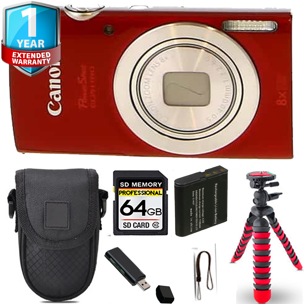 PowerShot ELPH 180 Camera (Red) + Spider Tripod + 1 Year Extended Warranty - 64GB *FREE SHIPPING*