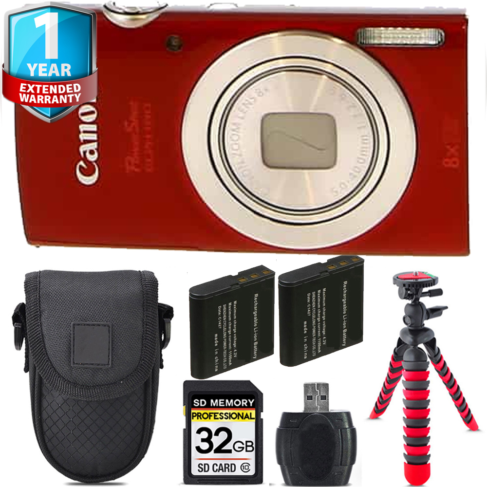 PowerShot ELPH 180 Camera (Red) + 1 Year Extended Warranty + Tripod + Case - 32GB *FREE SHIPPING*