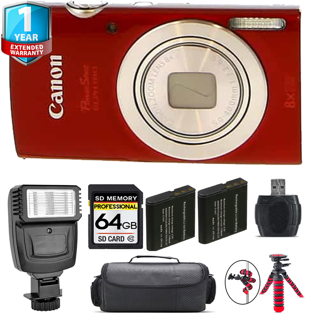 PowerShot ELPH 180 Camera (Red) + 1 Year Extended Warranty + Flash - 64GB Kit *FREE SHIPPING*