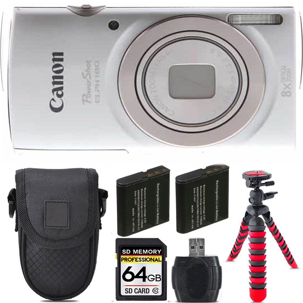PowerShot ELPH 180 Camera (Silver) + Extra Battery + Tripod + 64GB Kit *FREE SHIPPING*