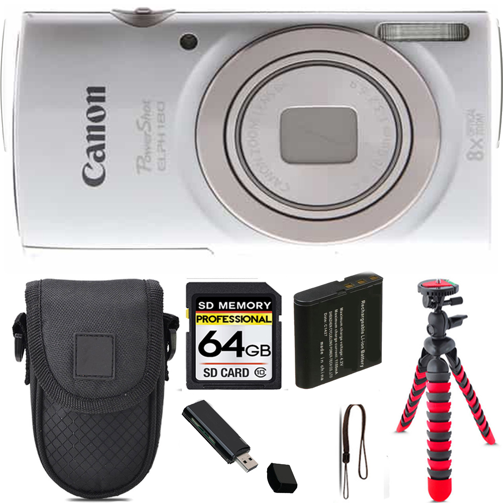 PowerShot ELPH 180 Camera (Silver) + Tripod + Case - 64GB Kit *FREE SHIPPING*