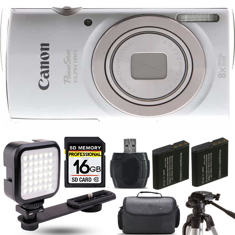 PowerShot ELPH 180 Camera (Silver) + Extra Battery + LED - 16GB Kit *FREE SHIPPING*