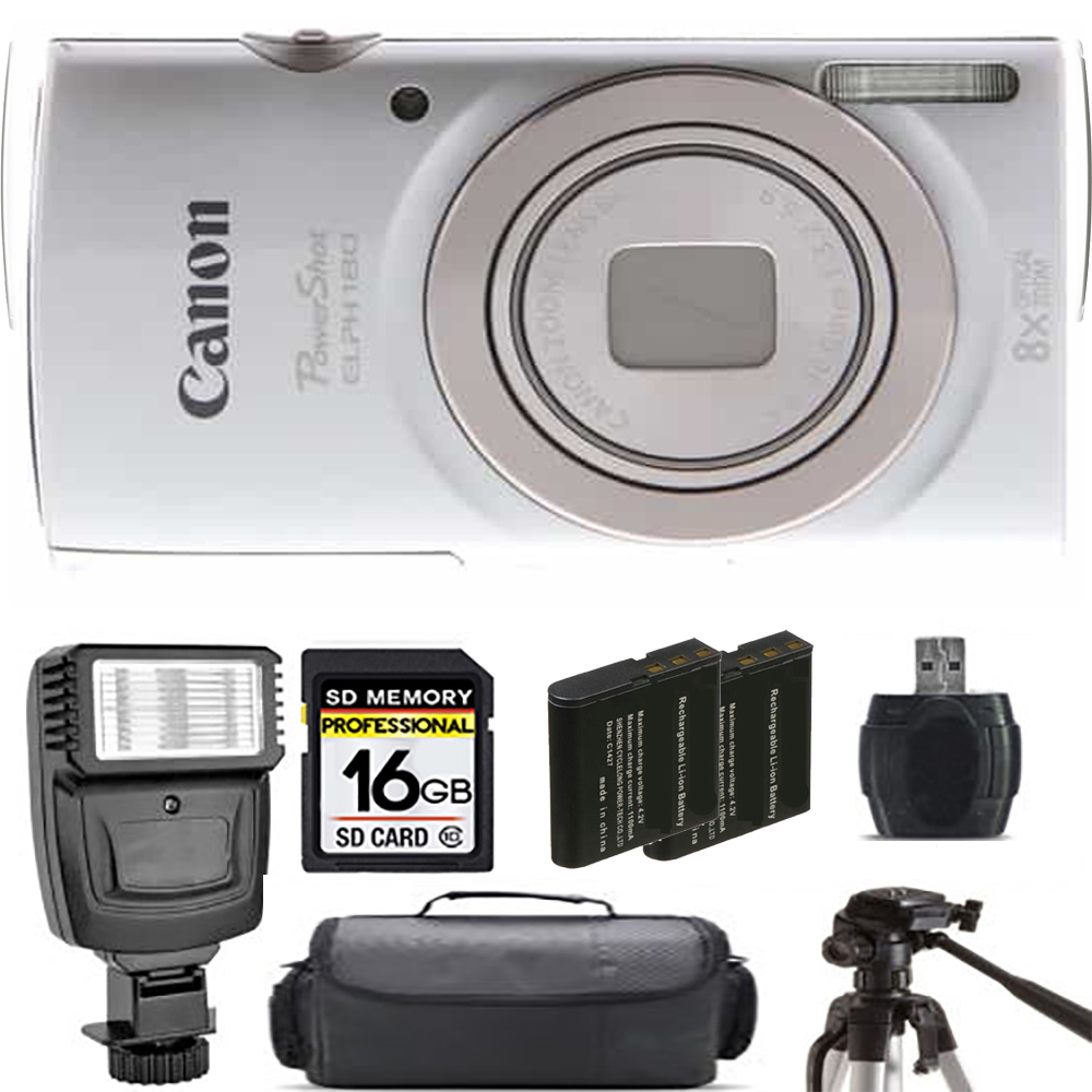 PowerShot ELPH 180 Camera (Silver) + Extra Battery + Flash - 16GB Kit *FREE SHIPPING*