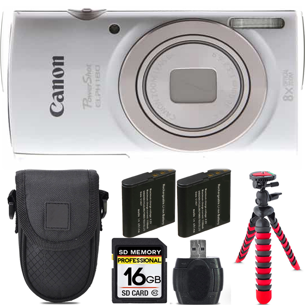 PowerShot ELPH 180 Camera (Silver) + Extra Battery + Tripod + Case -16GB Kit *FREE SHIPPING*