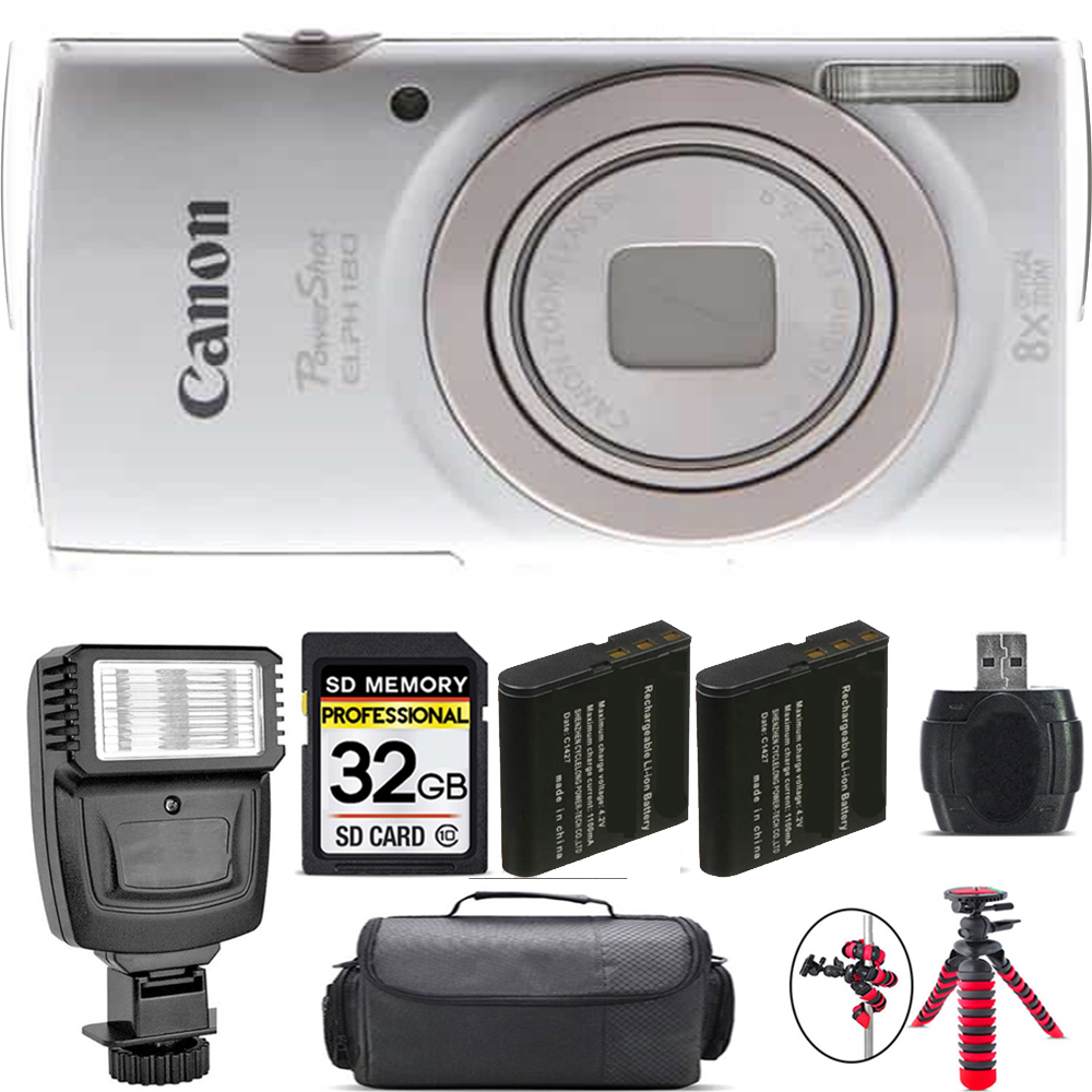 PowerShot ELPH 180 Camera (Silver) + Extra Battery + Flash - 32GB Kit *FREE SHIPPING*