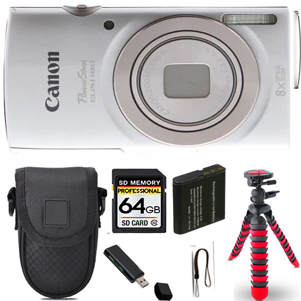 PowerShot ELPH 180 Camera (Silver) + Spider Tripod + Case - 64GB Kit *FREE SHIPPING*