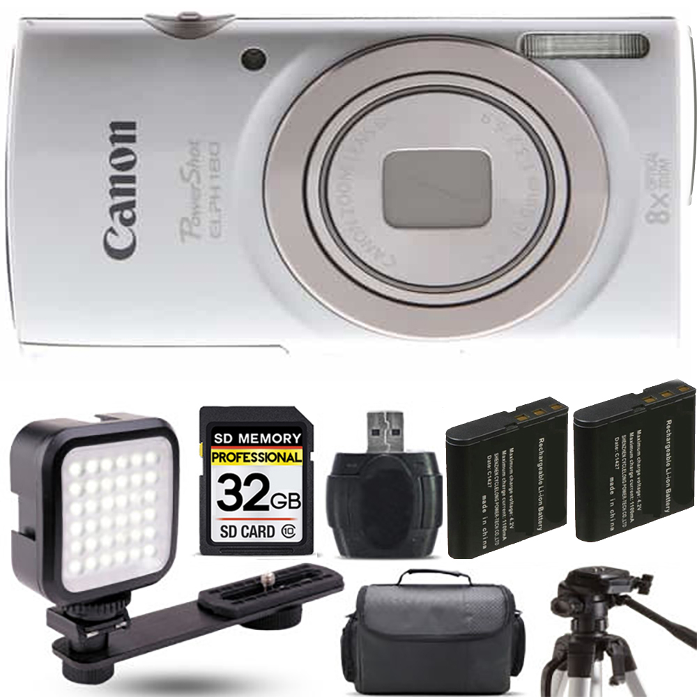 PowerShot ELPH 180 Camera (Silver) + Extra Battery + LED - 32GB Kit *FREE SHIPPING*