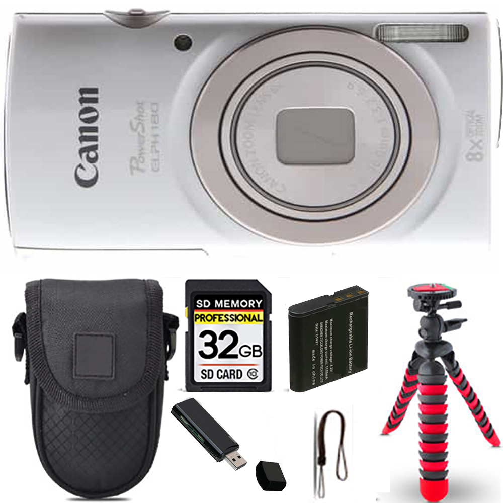 PowerShot ELPH 180 Camera (Silver) + Spider Tripod + Case - 32GB Kit *FREE SHIPPING*