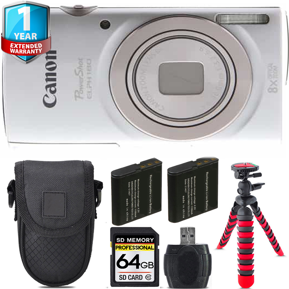 PowerShot ELPH 180 Camera (Silver) + Extra Battery + 1 Year Extended Warranty - 64GB *FREE SHIPPING*