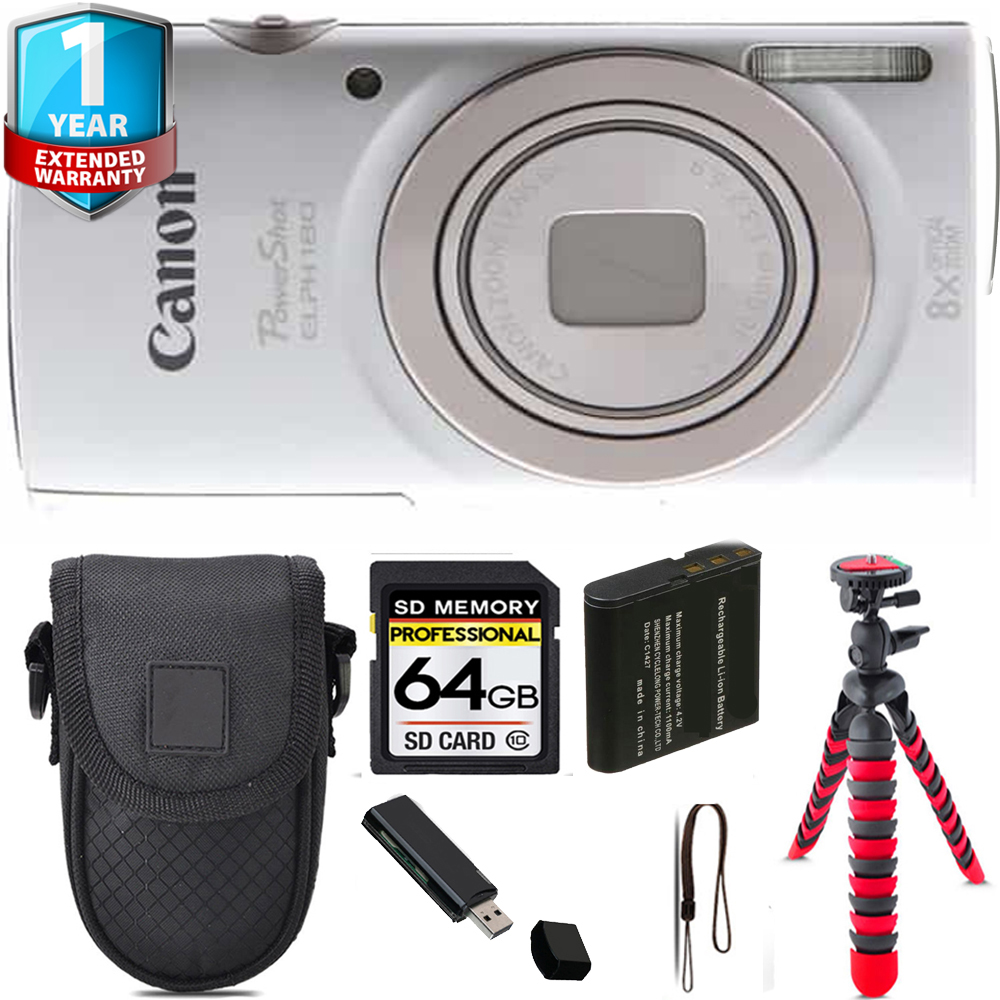 PowerShot ELPH 180 Camera (Silver) + Tripod + 1 Year Extended Warranty - 64GB Kit *FREE SHIPPING*