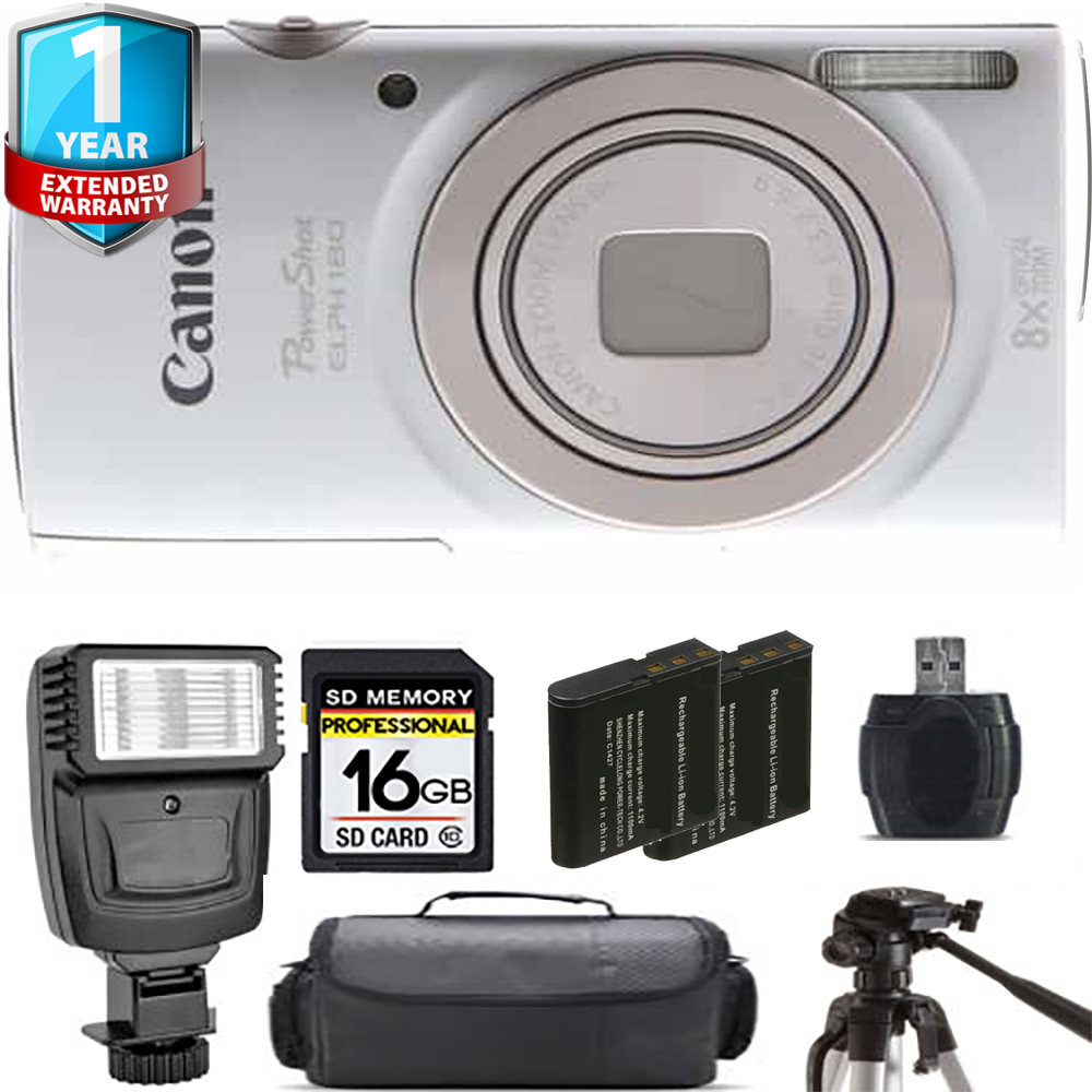 PowerShot ELPH 180 Camera (Silver) + Extra Battery + Flash + 1 Year Extended Warranty *FREE SHIPPING*