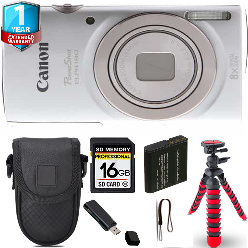 PowerShot ELPH 180 Camera (Silver) + Spider Tripod + Case + 1 Year Extended Warranty *FREE SHIPPING*