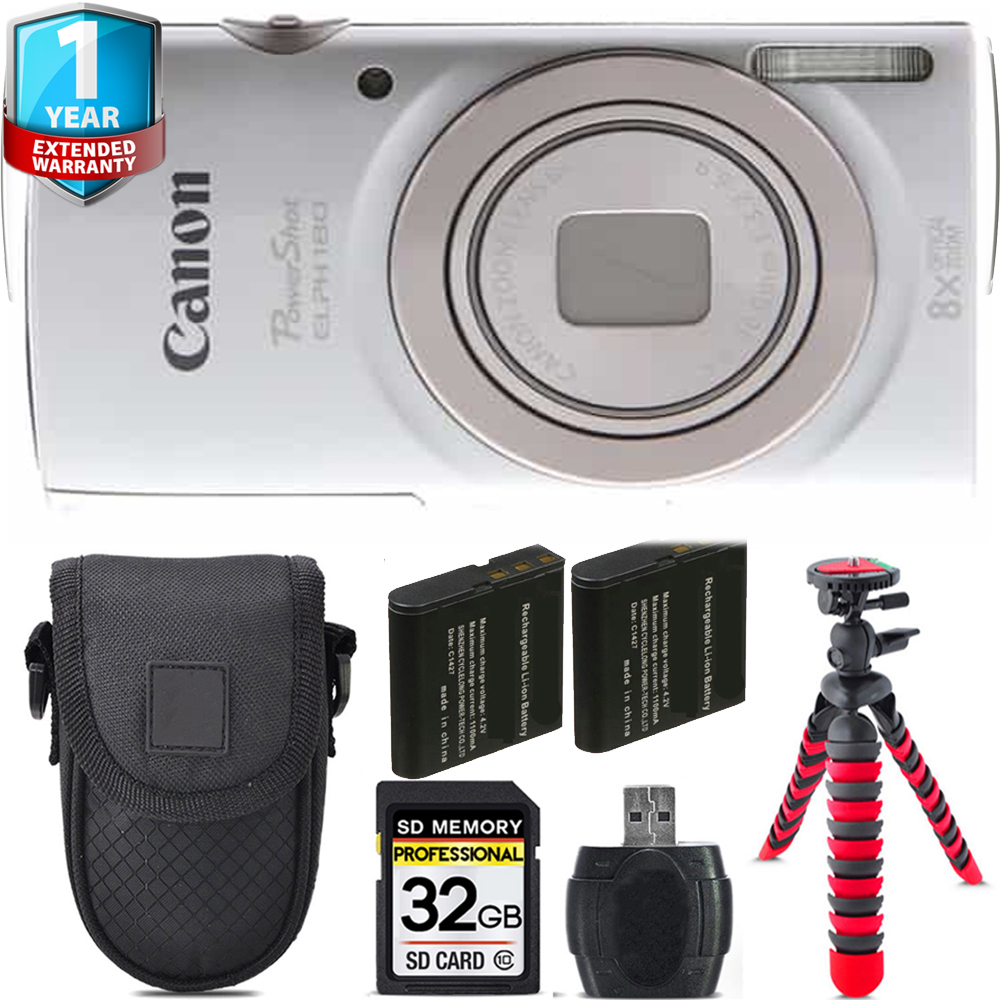 PowerShot ELPH 180 Camera (Silver) + 1 Year Extended Warranty + Tripod + Case - 32GB *FREE SHIPPING*