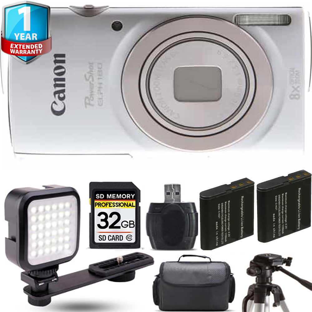 PowerShot ELPH 180 Camera (Silver) + Extra Battery + LED + 1 Year Extended Warranty *FREE SHIPPING*