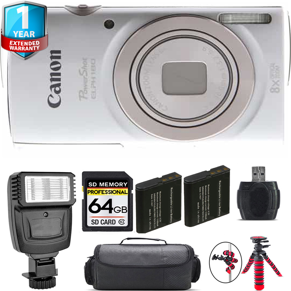 PowerShot ELPH 180 Camera (Silver) + 1 Year Extended Warranty + Flash - 64GB Kit *FREE SHIPPING*
