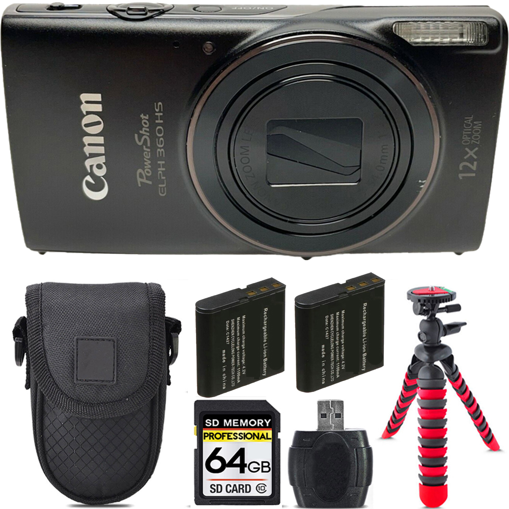 PowerShot ELPH 360 Camera (Black) + Extra Battery + Tripod + 64GB Kit *FREE SHIPPING*