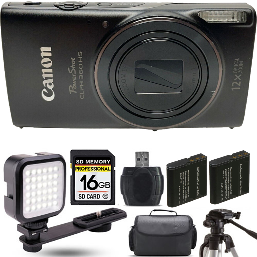 PowerShot ELPH 360 Camera (Black) + Extra Battery + LED - 16GB Kit *FREE SHIPPING*