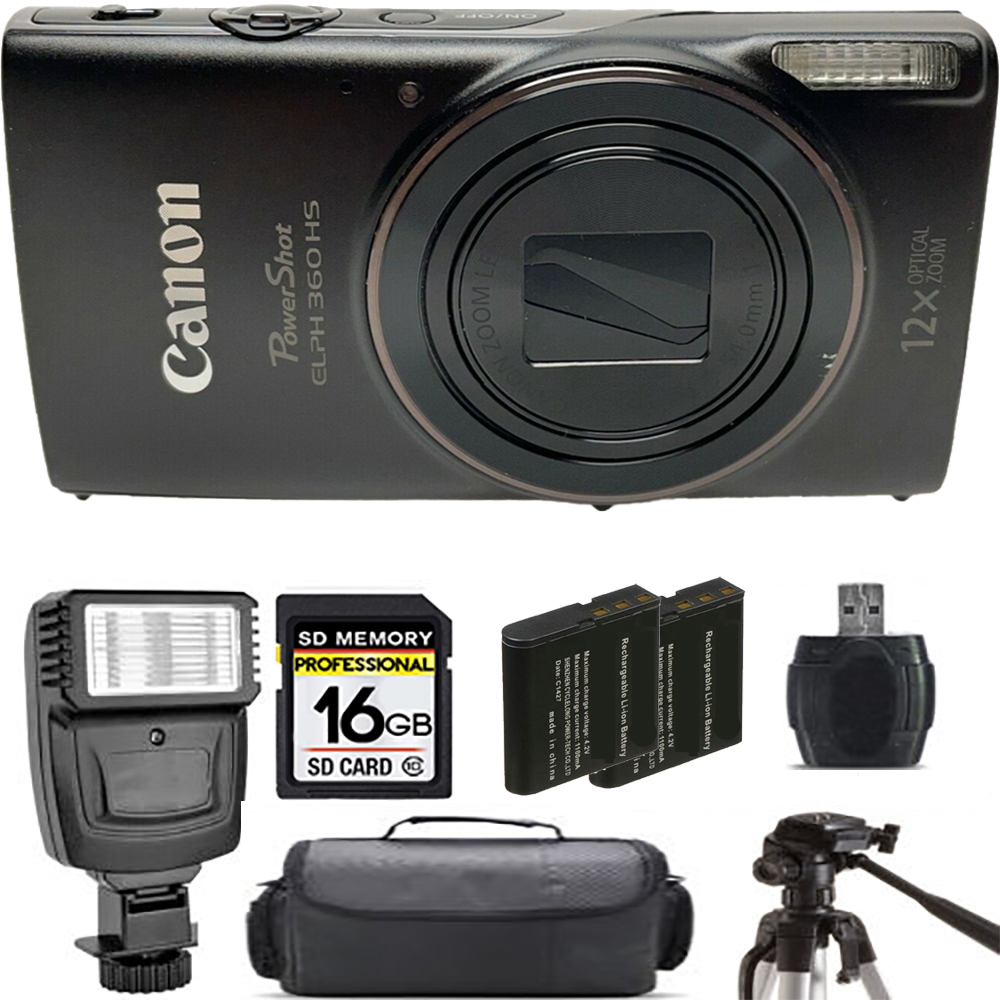 PowerShot ELPH 360 Camera (Black) + Extra Battery + Flash - 16GB Kit *FREE SHIPPING*