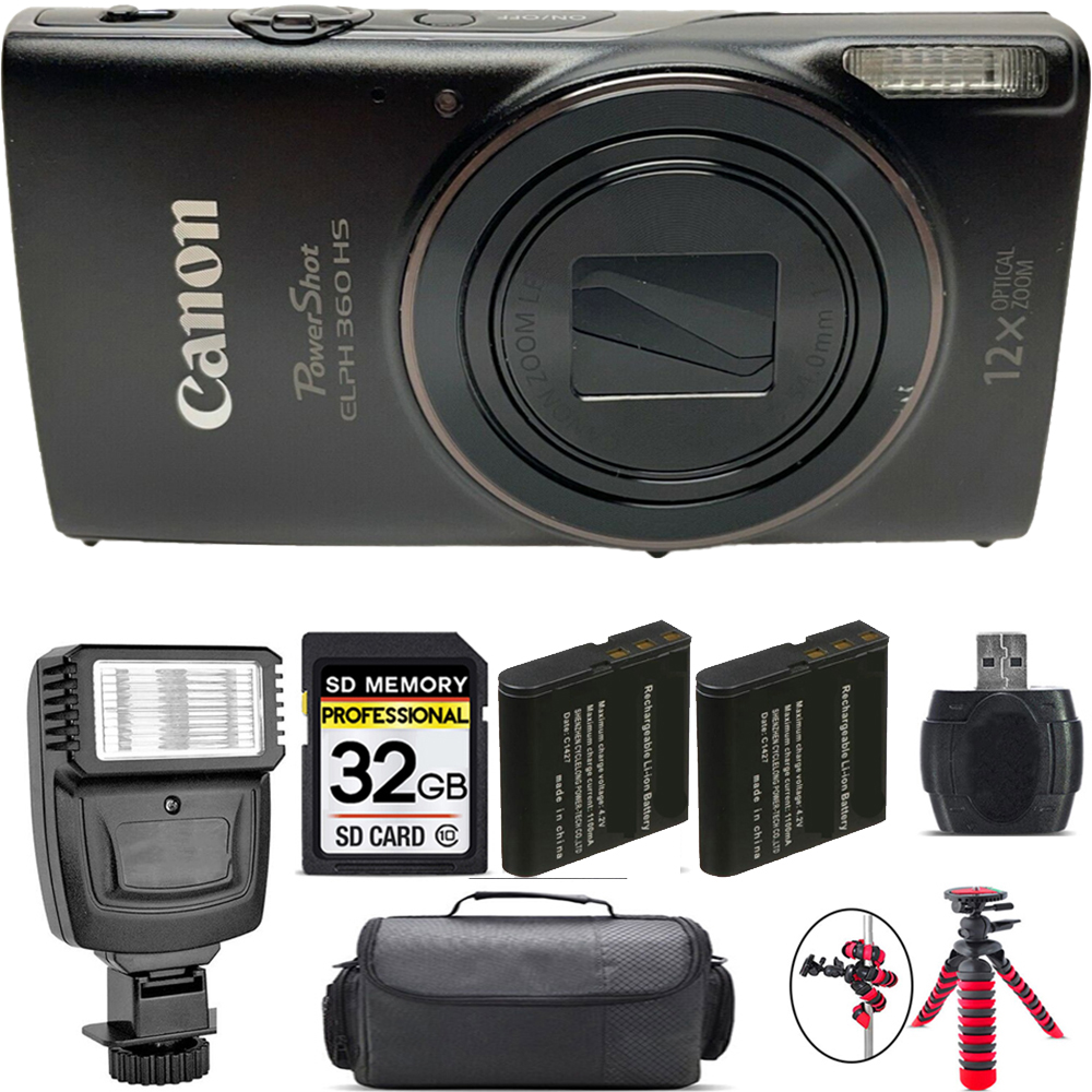 PowerShot ELPH 360 Camera (Black) + Extra Battery + Flash - 32GB Kit *FREE SHIPPING*