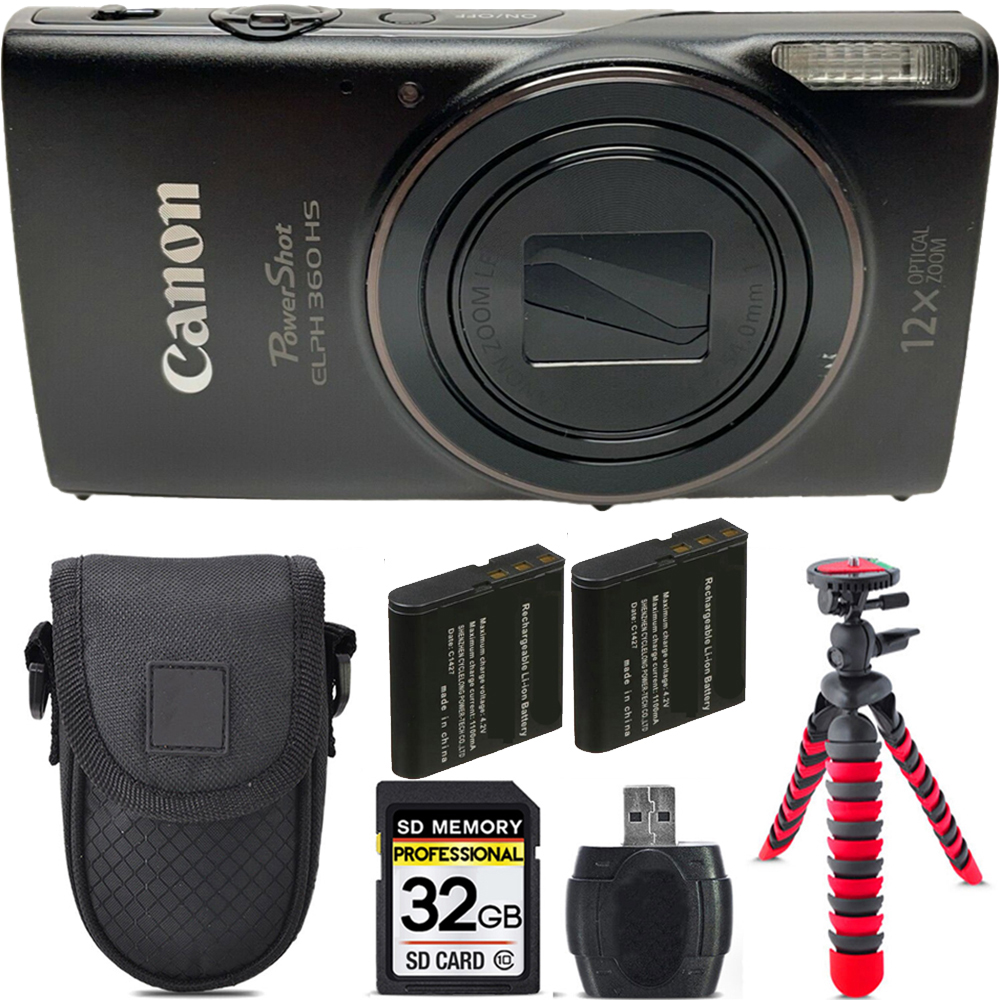 PowerShot ELPH 360 Camera (Black) + Extra Battery + Tripod + Case - 32GB Kit *FREE SHIPPING*