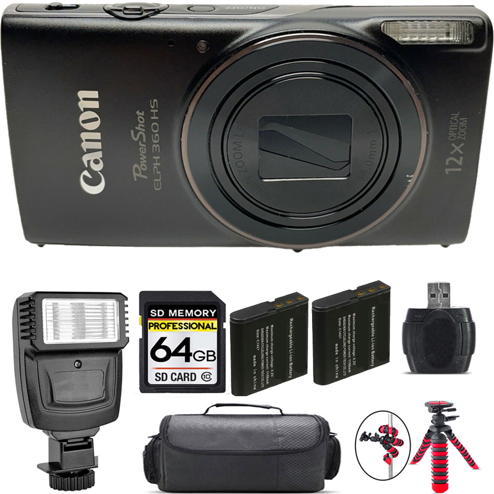 PowerShot ELPH 360 Camera (Black) + Extra Battery + Flash - 64GB Kit *FREE SHIPPING*