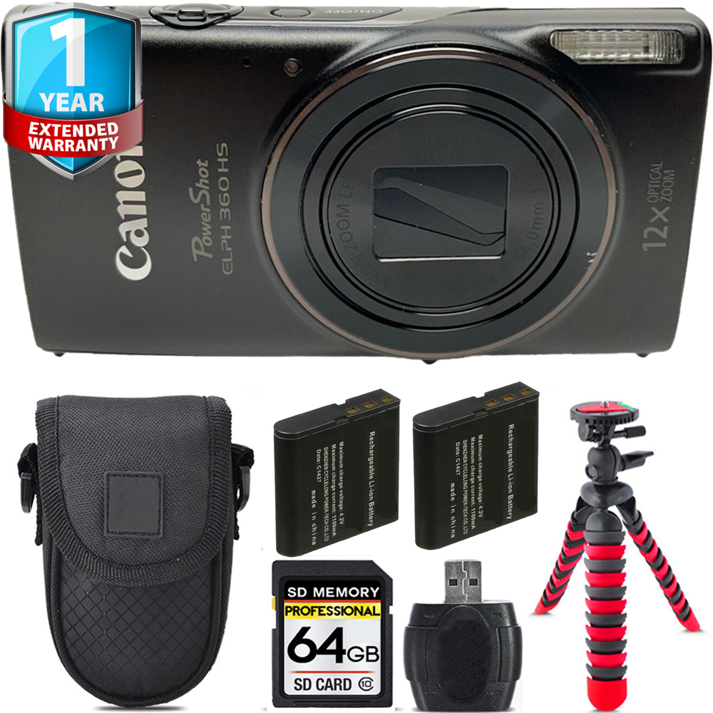 PowerShot ELPH 360 Camera (Black) + Extra Battery + 1 Year Extended Warranty - 64GB *FREE SHIPPING*