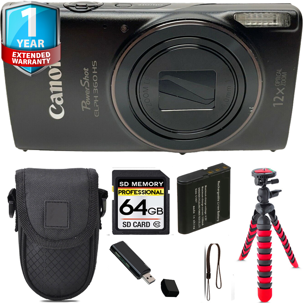 PowerShot ELPH 360 Camera (Black) + Tripod + 1 Year Extended Warranty - 64GB Kit *FREE SHIPPING*