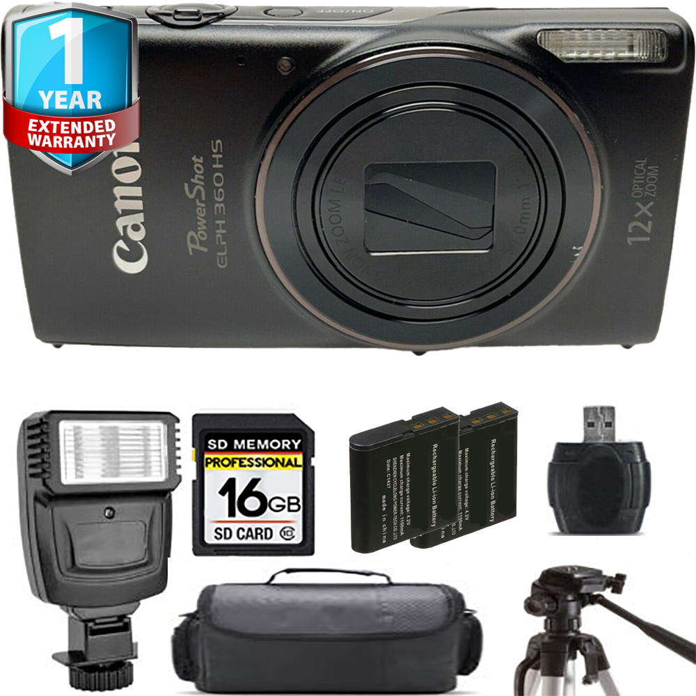 PowerShot ELPH 360 Camera (Black) + Extra Battery + Flash + 1 Year Extended Warranty *FREE SHIPPING*