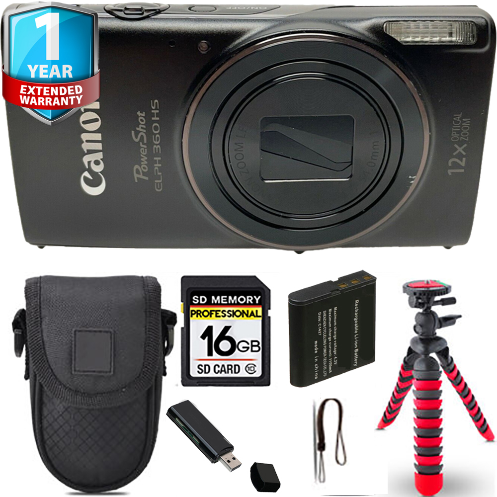 PowerShot ELPH 360 Camera (Black) + Spider Tripod + Case + 1 Year Extended Warranty *FREE SHIPPING*