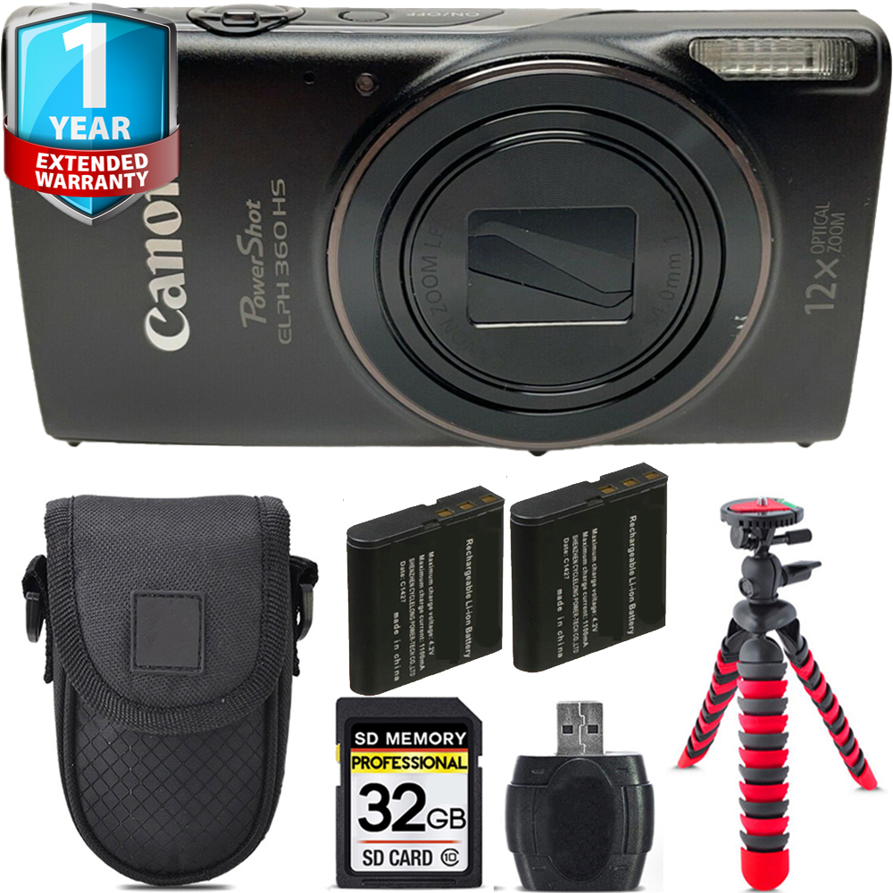 PowerShot ELPH 360 Camera (Black) + 1 Year Extended Warranty + Tripod + Case - 32GB *FREE SHIPPING*