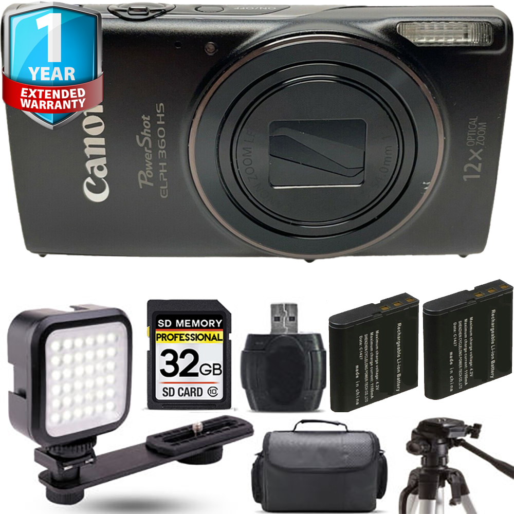 PowerShot ELPH 360 Camera (Black) + Extra Battery + LED + 1 Year Extended Warranty *FREE SHIPPING*