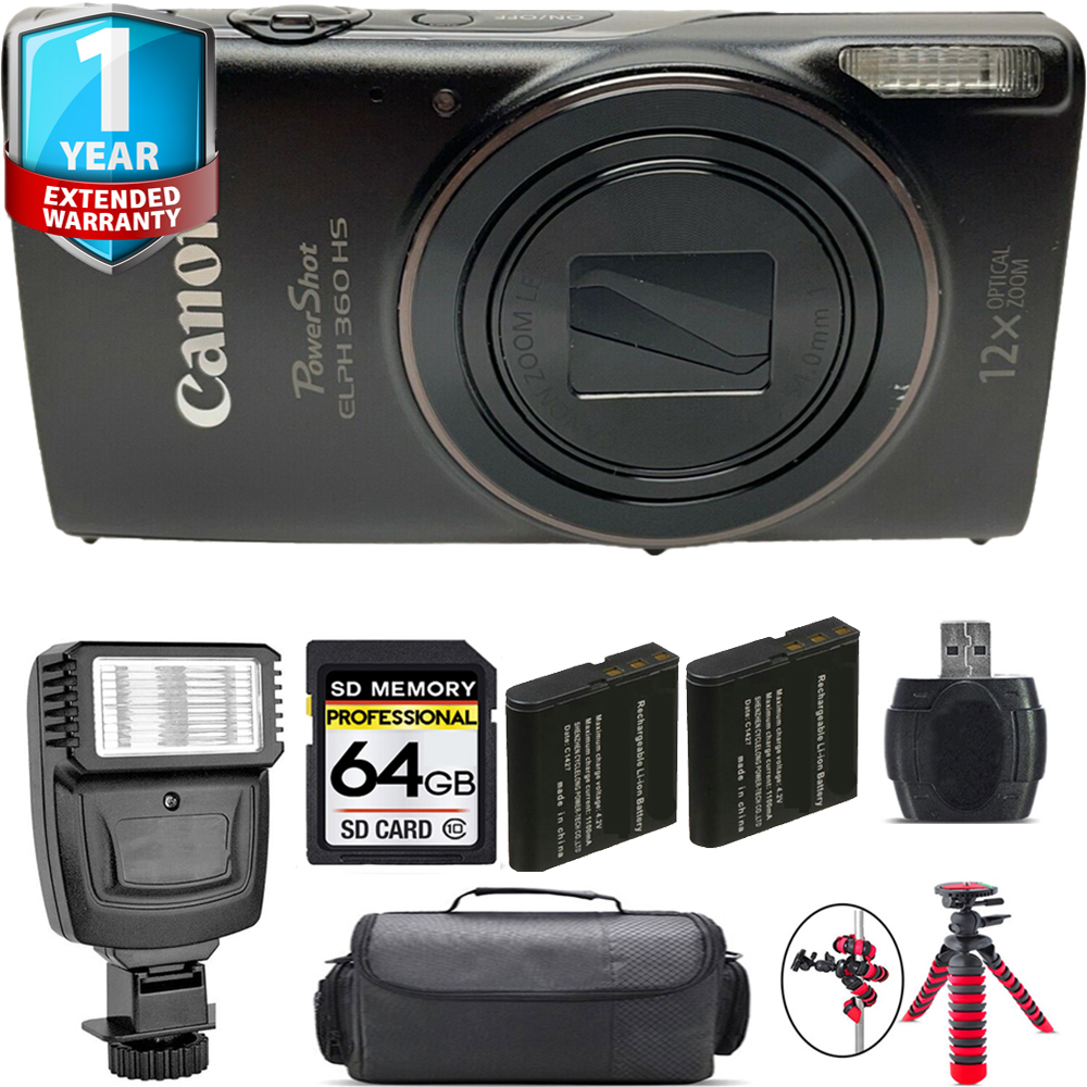 PowerShot ELPH 360 Camera (Black) + 1 Year Extended Warranty + Flash - 64GB Kit *FREE SHIPPING*
