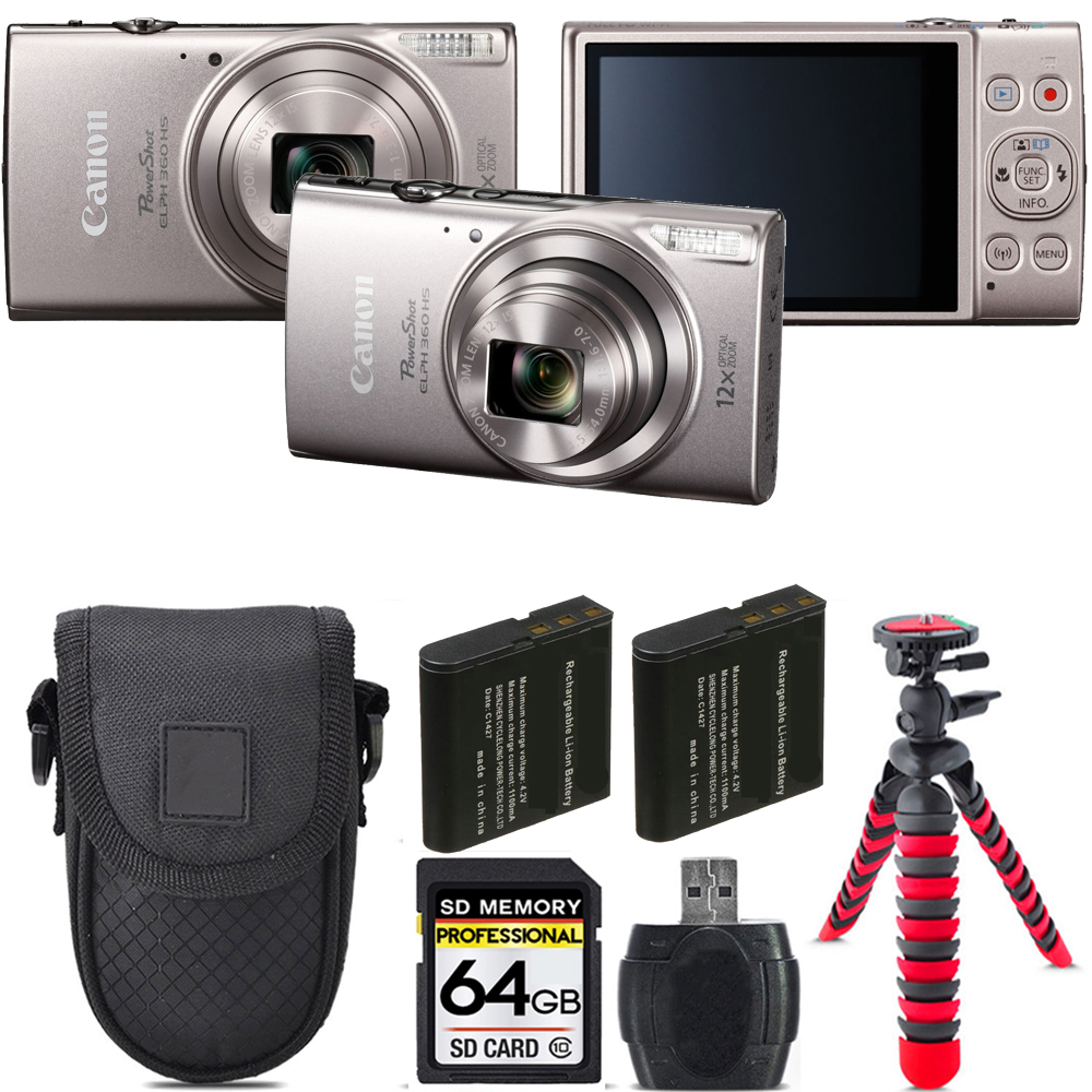 PowerShot ELPH 360 Camera (Silver) + Extra Battery + Tripod + 64GB Kit *FREE SHIPPING*