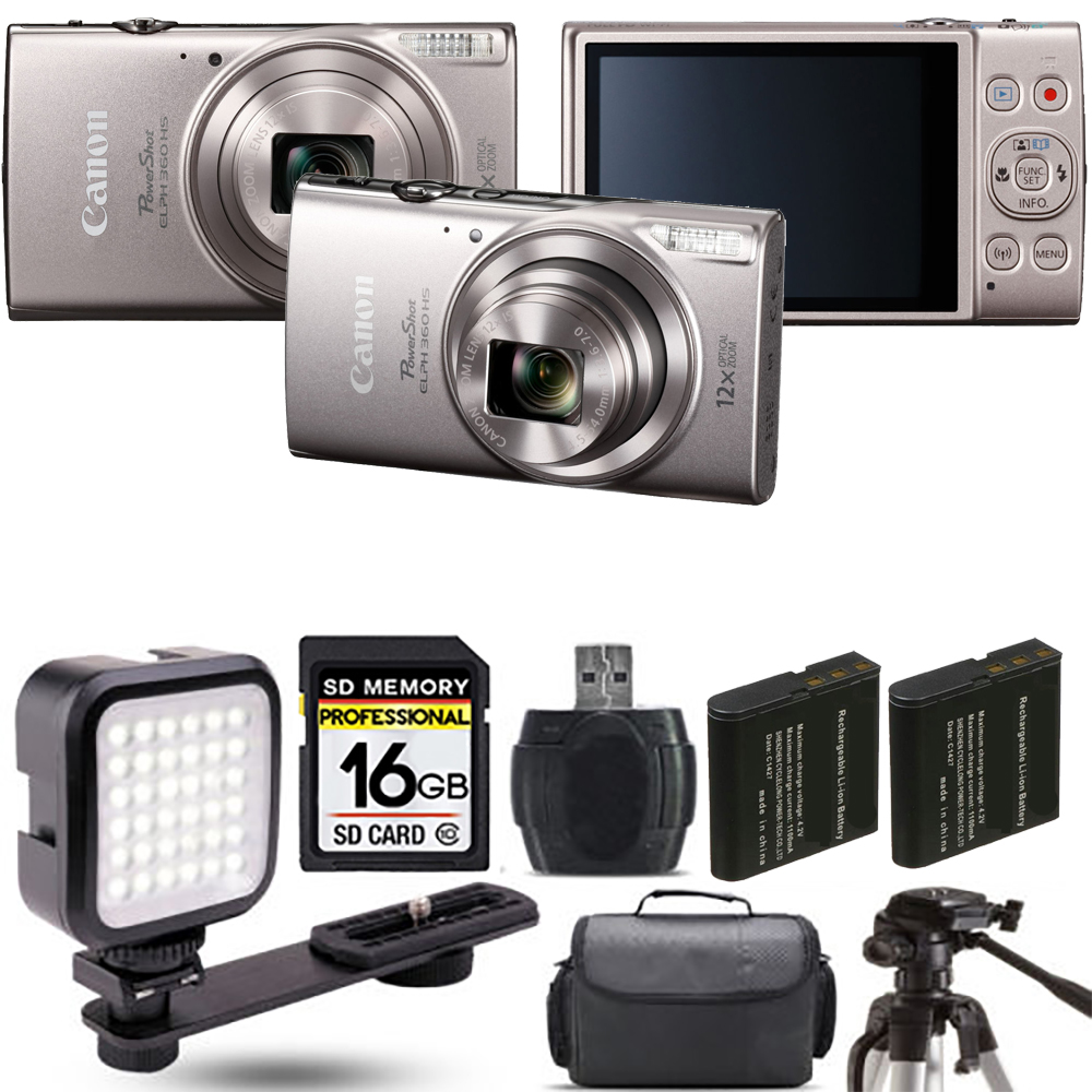 PowerShot ELPH 360 Camera (Silver) + Extra Battery + LED - 16GB Kit *FREE SHIPPING*