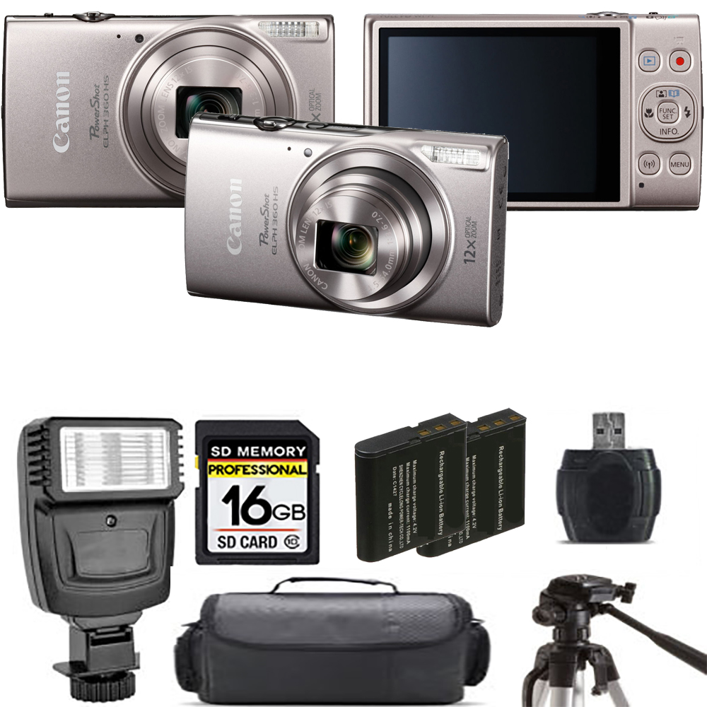 PowerShot ELPH 360 Camera (Silver) + Extra Battery + Flash - 16GB Kit *FREE SHIPPING*
