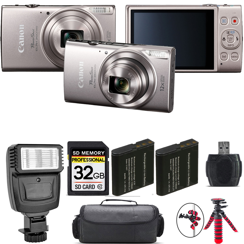 PowerShot ELPH 360 Camera (Silver) + Extra Battery + Flash - 32GB Kit *FREE SHIPPING*
