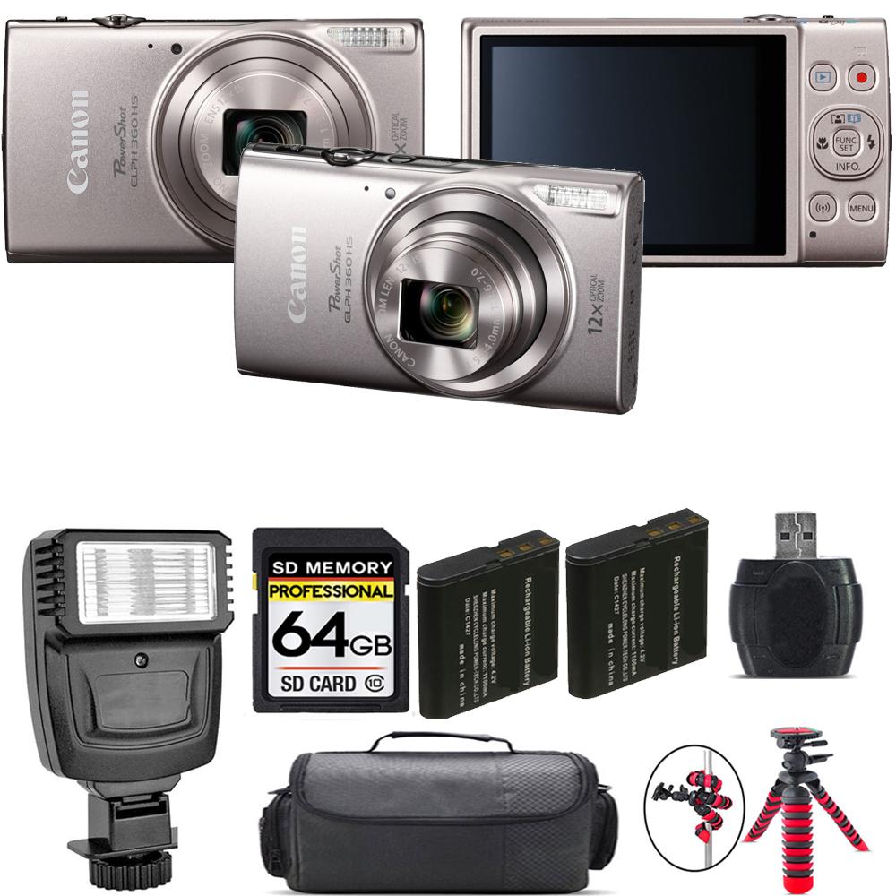 PowerShot ELPH 360 Camera (Silver) + Extra Battery + Flash - 64GB Kit *FREE SHIPPING*