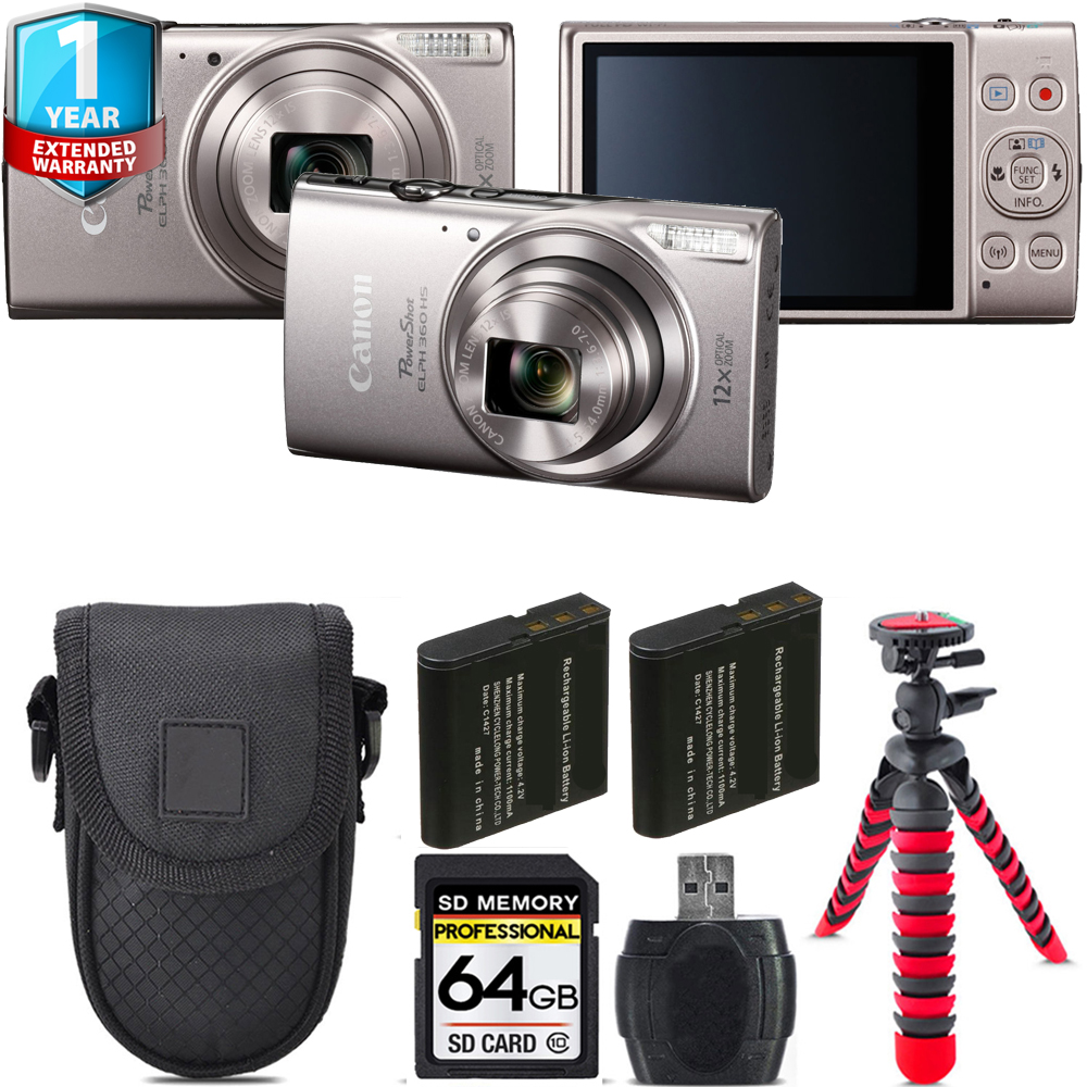 PowerShot ELPH 360 Camera (Silver) + Extra Battery + 1 Year Extended Warranty - 64GB *FREE SHIPPING*