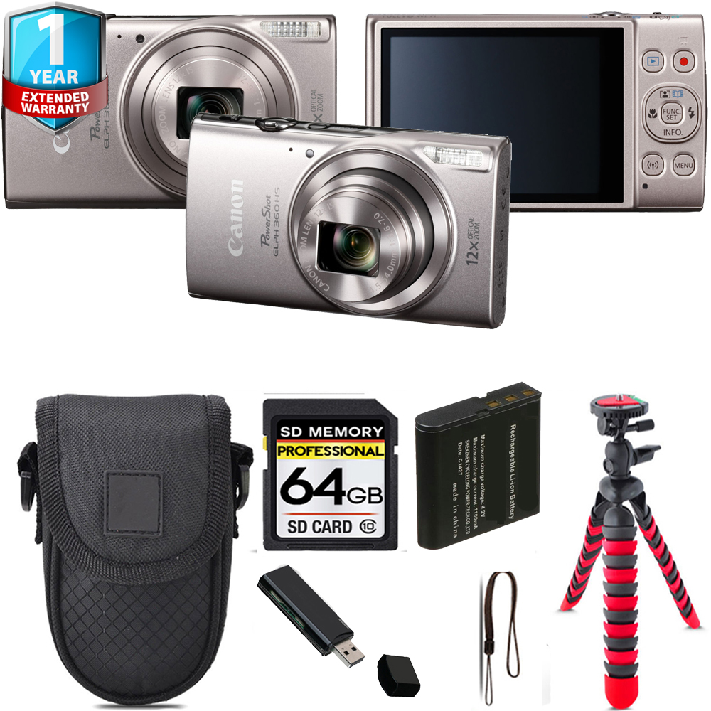 PowerShot ELPH 360 Camera (Silver) + Tripod + 1 Year Extended Warranty - 64GB Kit *FREE SHIPPING*