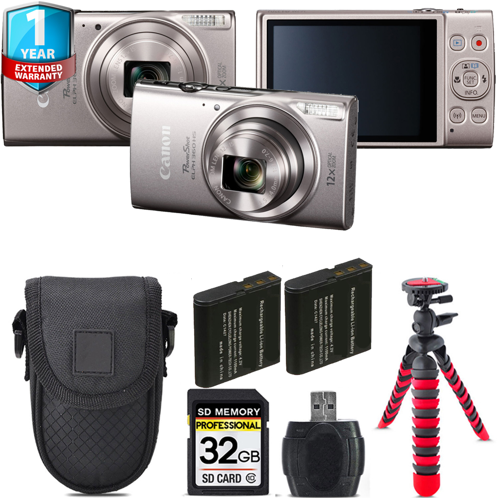 PowerShot ELPH 360 Camera (Silver) + 1 Year Extended Warranty + Tripod + Case - 32GB *FREE SHIPPING*